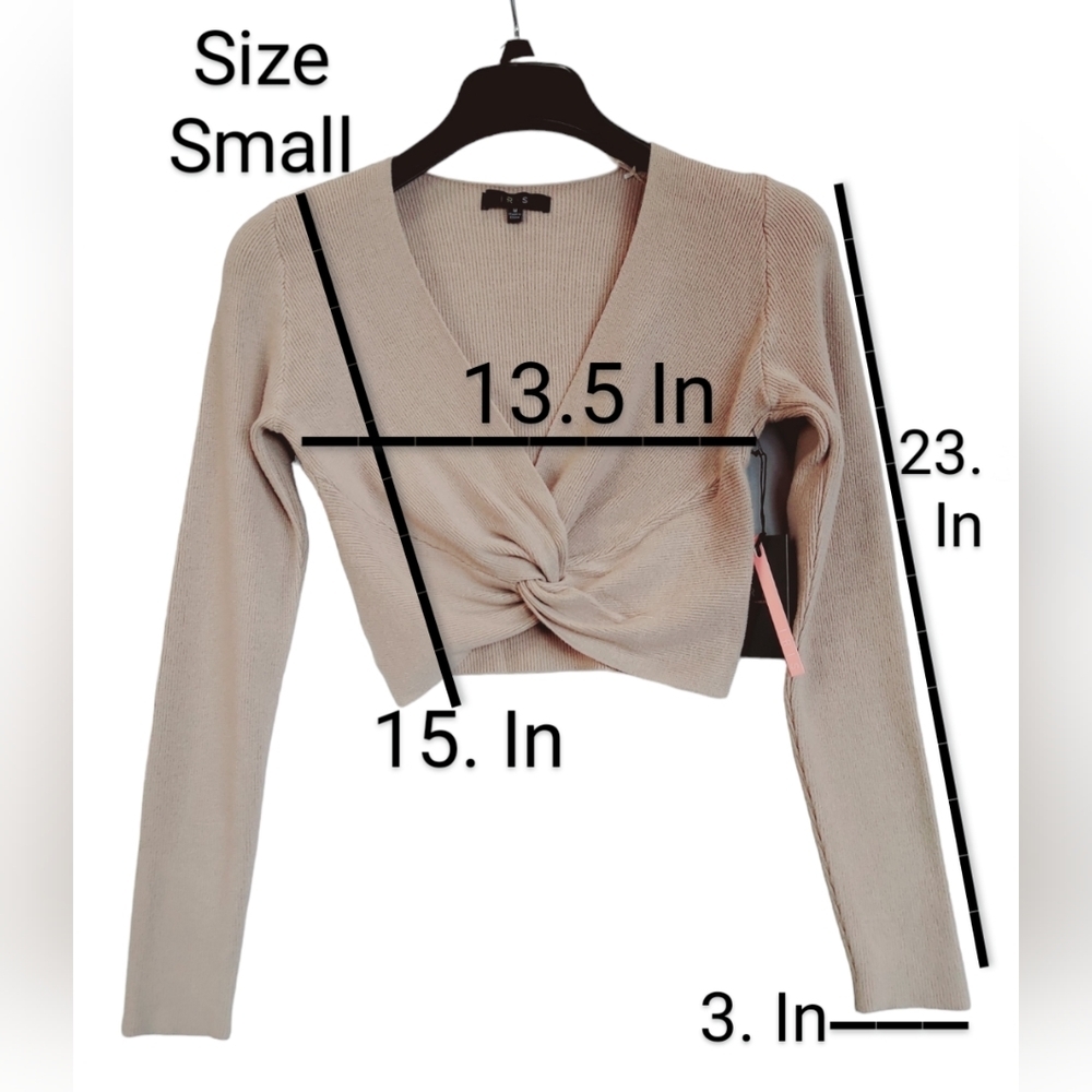 Women's Crop Sweater Taupe Knot Front Cropped V Neck Long Sleeve New - Picture 6 of 13